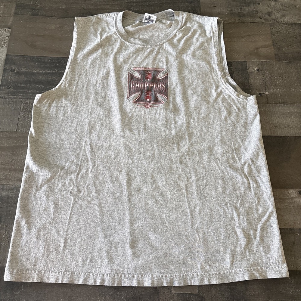Vintage West Coast Choppers Long Beach Cali Sleeveless T-Shirt XL gray holes